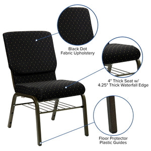 English Elm HERCULES Series 18.5''W Church Chair – Comfortable, Durable Seating with Book Rack & Steel Frame Black Dot Patterned Fabric/Gold Vein Frame XU-CH-60096-BK-BAS-GG