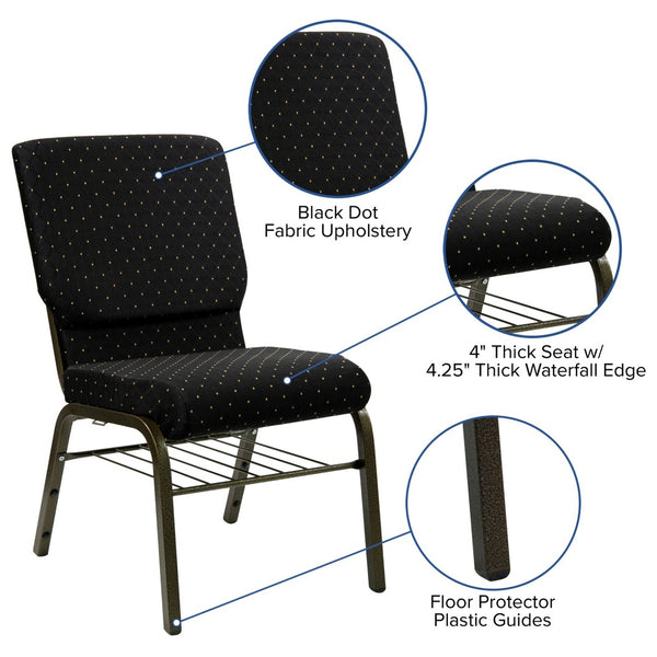 English Elm HERCULES Series 18.5''W Church Chair – Comfortable, Durable Seating with Book Rack & Steel Frame Black Dot Patterned Fabric/Gold Vein Frame XU-CH-60096-BK-BAS-GG