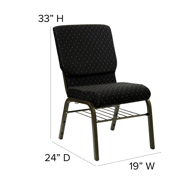 English Elm HERCULES Series 18.5''W Church Chair – Comfortable, Durable Seating with Book Rack & Steel Frame Black Dot Patterned Fabric/Gold Vein Frame XU-CH-60096-BK-BAS-GG