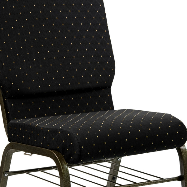 English Elm HERCULES Series 18.5''W Church Chair – Comfortable, Durable Seating with Book Rack & Steel Frame Black Dot Patterned Fabric/Gold Vein Frame XU-CH-60096-BK-BAS-GG