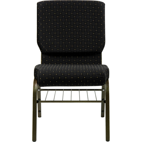 English Elm HERCULES Series 18.5''W Church Chair – Comfortable, Durable Seating with Book Rack & Steel Frame Black Dot Patterned Fabric/Gold Vein Frame XU-CH-60096-BK-BAS-GG