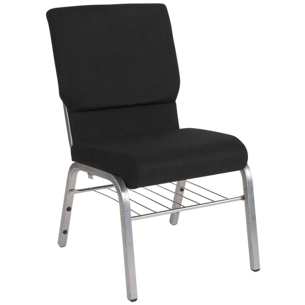 English Elm HERCULES Series 18.5''W Church Chair – Comfortable, Durable Seating with Book Rack & Steel Frame Black Fabric/Silver Vein Frame XU-CH-60096-BK-SV-BAS-GG