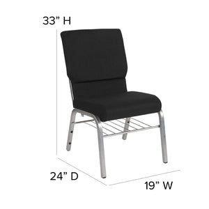 English Elm HERCULES Series 18.5''W Church Chair – Comfortable, Durable Seating with Book Rack & Steel Frame Black Fabric/Silver Vein Frame XU-CH-60096-BK-SV-BAS-GG