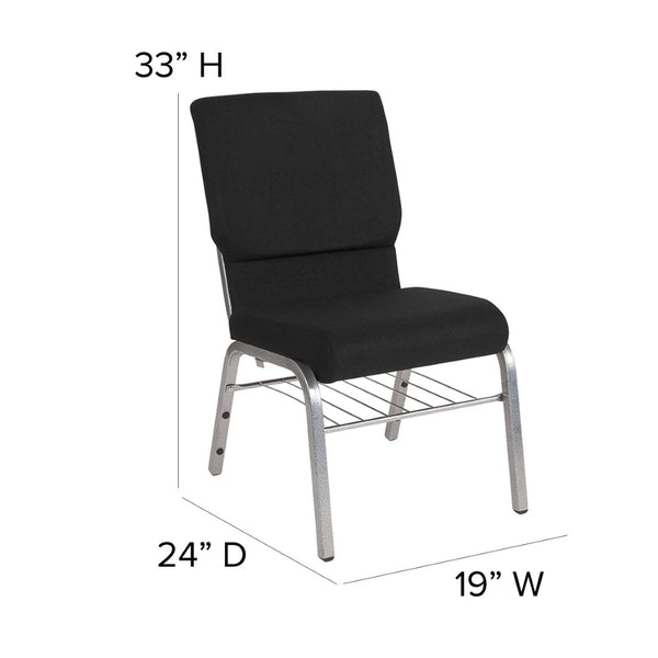 English Elm HERCULES Series 18.5''W Church Chair – Comfortable, Durable Seating with Book Rack & Steel Frame Black Fabric/Silver Vein Frame XU-CH-60096-BK-SV-BAS-GG