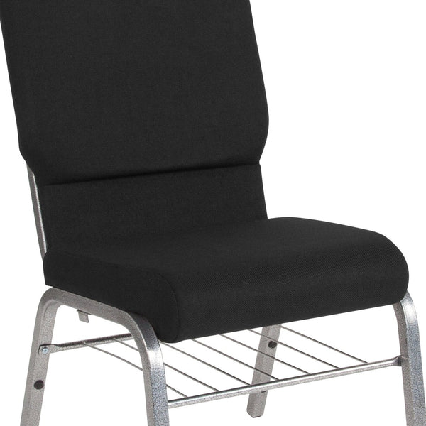 English Elm HERCULES Series 18.5''W Church Chair – Comfortable, Durable Seating with Book Rack & Steel Frame Black Fabric/Silver Vein Frame XU-CH-60096-BK-SV-BAS-GG