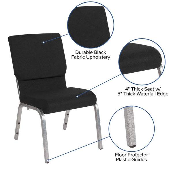 English Elm HERCULES Stacking Church Chair - Ergonomic Comfort, Heavy-Duty Frame, Space-Saving Design for Events Black Fabric/Silver Vein Frame XU-CH-60096-BK-SV-GG