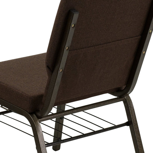 English Elm HERCULES Series 18.5''W Church Chair – Comfortable, Durable Seating with Book Rack & Steel Frame Brown Fabric/Gold Vein Frame XU-CH-60096-BN-BAS-GG