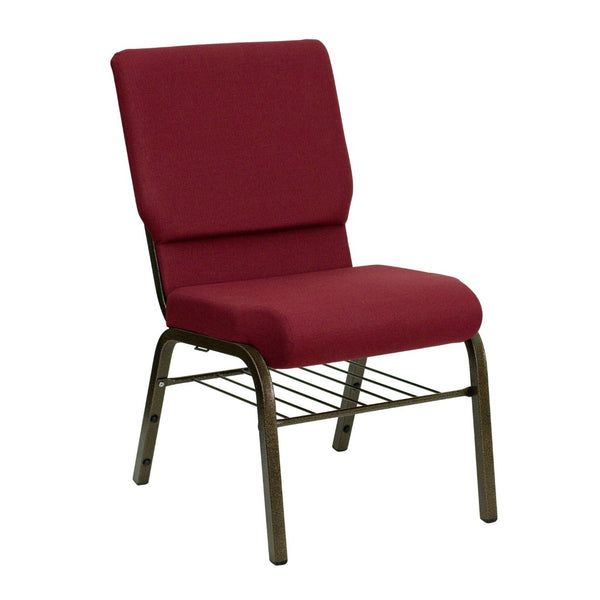 English Elm HERCULES Series 18.5''W Church Chair – Comfortable, Durable Seating with Book Rack & Steel Frame Burgundy Fabric/Gold Vein Frame XU-CH-60096-BY-BAS-GG