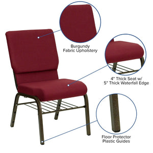 English Elm HERCULES Series 18.5''W Church Chair – Comfortable, Durable Seating with Book Rack & Steel Frame Burgundy Fabric/Gold Vein Frame XU-CH-60096-BY-BAS-GG