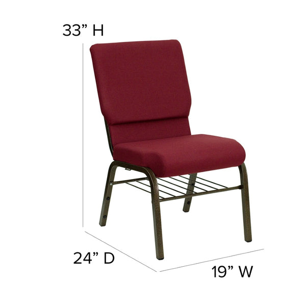 English Elm HERCULES Series 18.5''W Church Chair – Comfortable, Durable Seating with Book Rack & Steel Frame Burgundy Fabric/Gold Vein Frame XU-CH-60096-BY-BAS-GG
