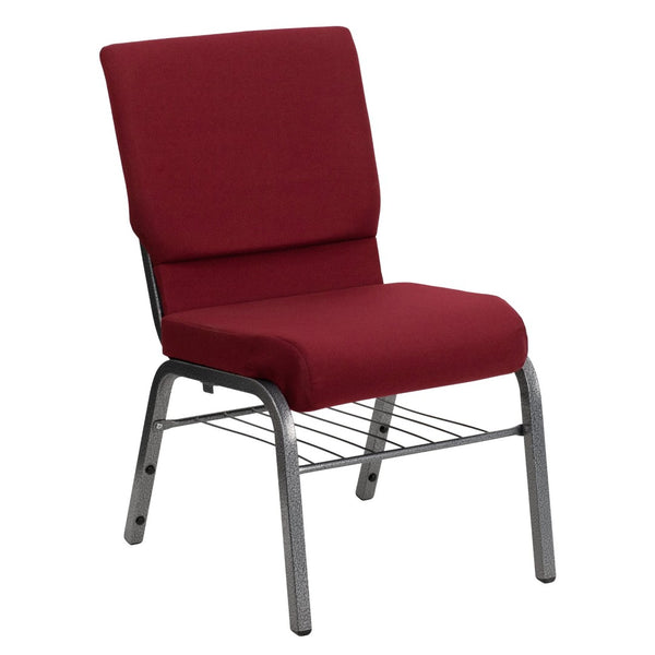 English Elm HERCULES Series 18.5''W Church Chair – Comfortable, Durable Seating with Book Rack & Steel Frame Burgundy Fabric/Silver Vein Frame XU-CH-60096-BY-SILV-BAS-GG