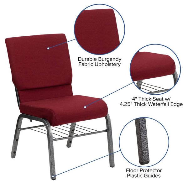 English Elm HERCULES Series 18.5''W Church Chair – Comfortable, Durable Seating with Book Rack & Steel Frame Burgundy Fabric/Silver Vein Frame XU-CH-60096-BY-SILV-BAS-GG