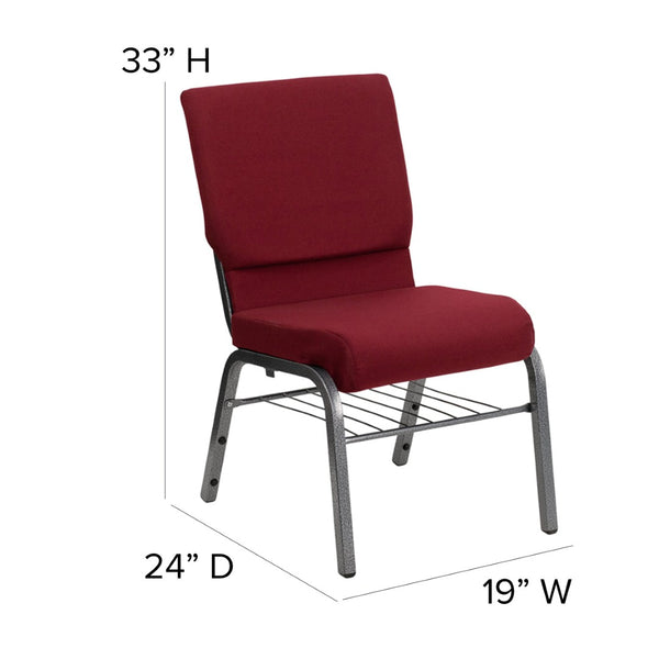 English Elm HERCULES Series 18.5''W Church Chair – Comfortable, Durable Seating with Book Rack & Steel Frame Burgundy Fabric/Silver Vein Frame XU-CH-60096-BY-SILV-BAS-GG