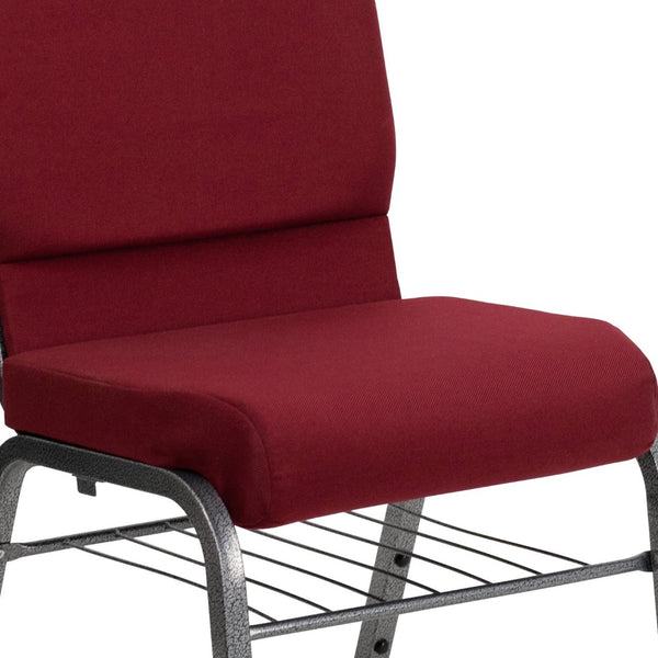 English Elm HERCULES Series 18.5''W Church Chair – Comfortable, Durable Seating with Book Rack & Steel Frame Burgundy Fabric/Silver Vein Frame XU-CH-60096-BY-SILV-BAS-GG
