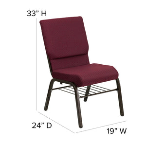 English Elm HERCULES Series 18.5''W Church Chair – Comfortable, Durable Seating with Book Rack & Steel Frame Burgundy Patterned Fabric/Gold Vein Frame XU-CH-60096-BYXY56-BAS-GG