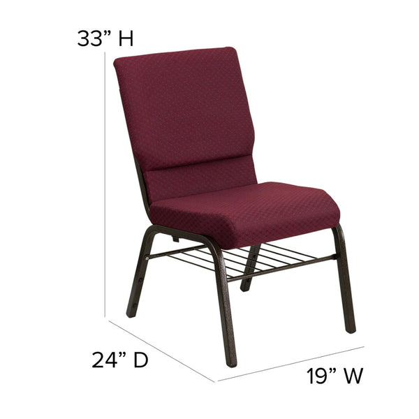 English Elm HERCULES Series 18.5''W Church Chair – Comfortable, Durable Seating with Book Rack & Steel Frame Burgundy Patterned Fabric/Gold Vein Frame XU-CH-60096-BYXY56-BAS-GG
