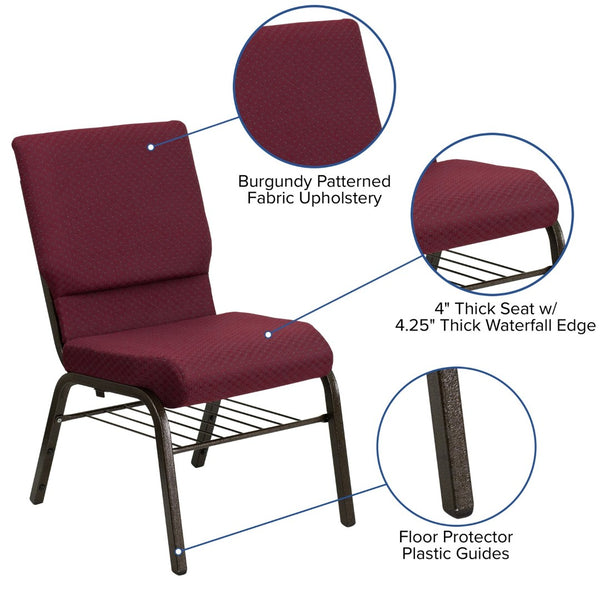 English Elm HERCULES Series 18.5''W Church Chair – Comfortable, Durable Seating with Book Rack & Steel Frame Burgundy Patterned Fabric/Gold Vein Frame XU-CH-60096-BYXY56-BAS-GG