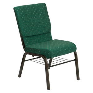 English Elm HERCULES Series 18.5''W Church Chair – Comfortable, Durable Seating with Book Rack & Steel Frame Green Patterned Fabric/Gold Vein Frame XU-CH-60096-GN-BAS-GG