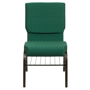 English Elm HERCULES Series 18.5''W Church Chair – Comfortable, Durable Seating with Book Rack & Steel Frame Green Patterned Fabric/Gold Vein Frame XU-CH-60096-GN-BAS-GG