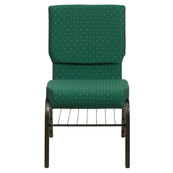 English Elm HERCULES Series 18.5''W Church Chair – Comfortable, Durable Seating with Book Rack & Steel Frame Green Patterned Fabric/Gold Vein Frame XU-CH-60096-GN-BAS-GG