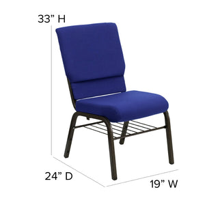 English Elm HERCULES Series 18.5''W Church Chair – Comfortable, Durable Seating with Book Rack & Steel Frame Navy Blue Fabric/Gold Vein Frame XU-CH-60096-NVY-BAS-GG
