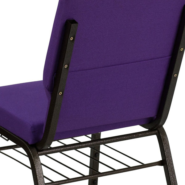 English Elm HERCULES Series 18.5''W Church Chair – Comfortable, Durable Seating with Book Rack & Steel Frame Purple Fabric/Gold Vein Frame XU-CH-60096-PU-BAS-GG