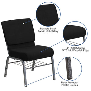 English Elm HERCULES 21''W Church Chair with Comfortable Seating, Integrated Storage, and Durable Frame Design Black Fabric/Silver Vein Frame XU-CH0221-BK-SV-BAS-GG