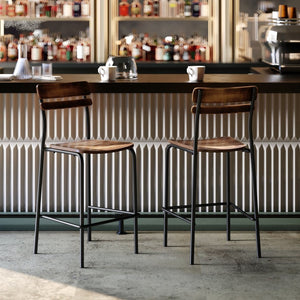 English Elm Cyprus Commercial Grade Solid Wood Bar Stool with Sturdy Metal Frame for Modern Dining Spaces Antique Copper XU-CH10443B-ANTCPR-GG