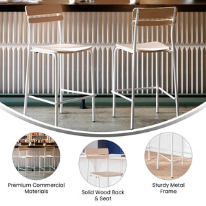 English Elm Cyprus Commercial Grade Solid Wood Bar Stool with Sturdy Metal Frame for Modern Dining Spaces Antique White XU-CH10443B-ANTWHT-GG