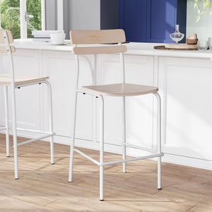 English Elm Cyprus Commercial Grade Solid Wood Bar Stool with Sturdy Metal Frame for Modern Dining Spaces Antique White XU-CH10443B-ANTWHT-GG