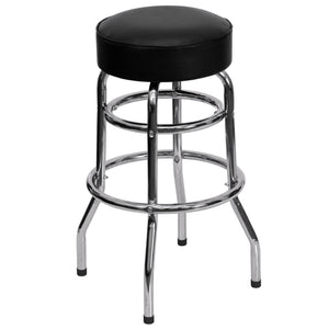 English Elm Bruno Double Ring Chrome Barstool with Swivel Seat – Durable, Stylish Seating for Bars & Homes Black XU-D-100-GG