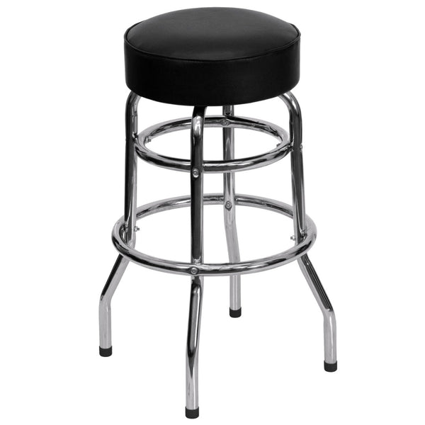 English Elm Bruno Double Ring Chrome Barstool with Swivel Seat – Durable, Stylish Seating for Bars & Homes Black XU-D-100-GG