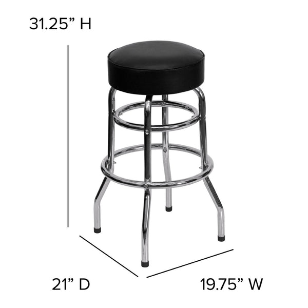 English Elm Bruno Double Ring Chrome Barstool with Swivel Seat – Durable, Stylish Seating for Bars & Homes Black XU-D-100-GG