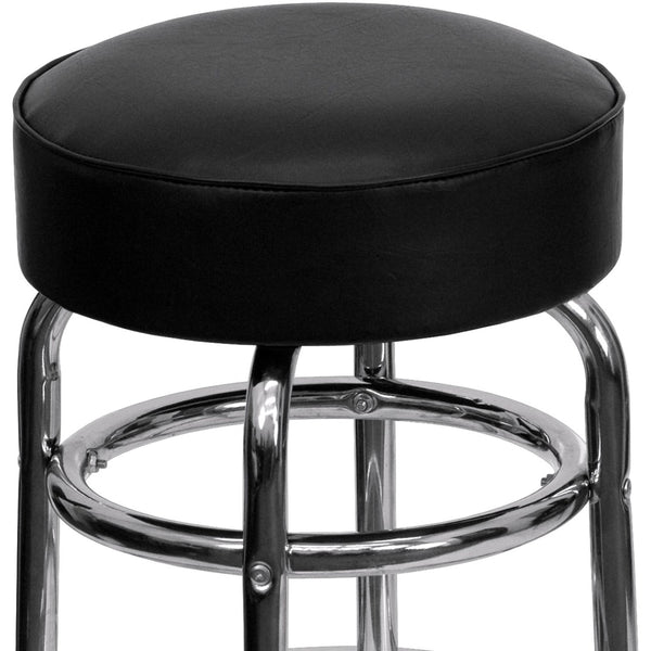 English Elm Bruno Double Ring Chrome Barstool with Swivel Seat – Durable, Stylish Seating for Bars & Homes Black XU-D-100-GG