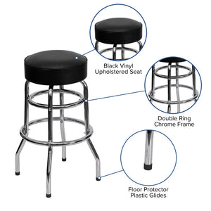 English Elm Bruno Double Ring Chrome Barstool with Swivel Seat – Durable, Stylish Seating for Bars & Homes Black XU-D-100-GG