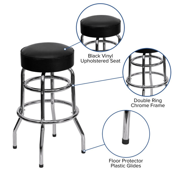 English Elm Bruno Double Ring Chrome Barstool with Swivel Seat – Durable, Stylish Seating for Bars & Homes Black XU-D-100-GG
