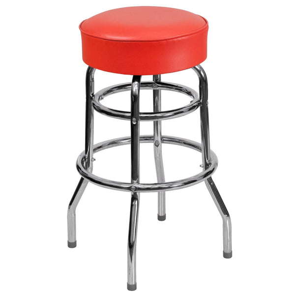 English Elm Bruno Double Ring Chrome Barstool with Swivel Seat – Durable, Stylish Seating for Bars & Homes Red XU-D-100-RED-GG