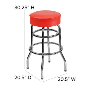 English Elm Bruno Double Ring Chrome Barstool with Swivel Seat – Durable, Stylish Seating for Bars & Homes Red XU-D-100-RED-GG