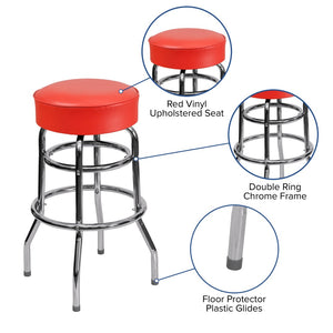 English Elm Bruno Double Ring Chrome Barstool with Swivel Seat – Durable, Stylish Seating for Bars & Homes Red XU-D-100-RED-GG