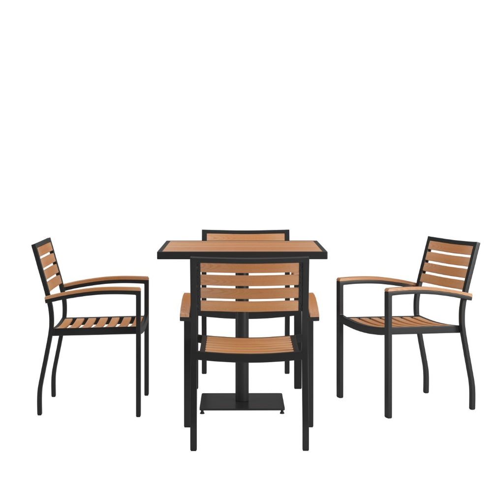 English Elm Lark 5-Piece Bistro Dining Set – Stylish 30" Square Faux Teak Table & 4 Stackable Club Chairs XU-DG-104560064-GG