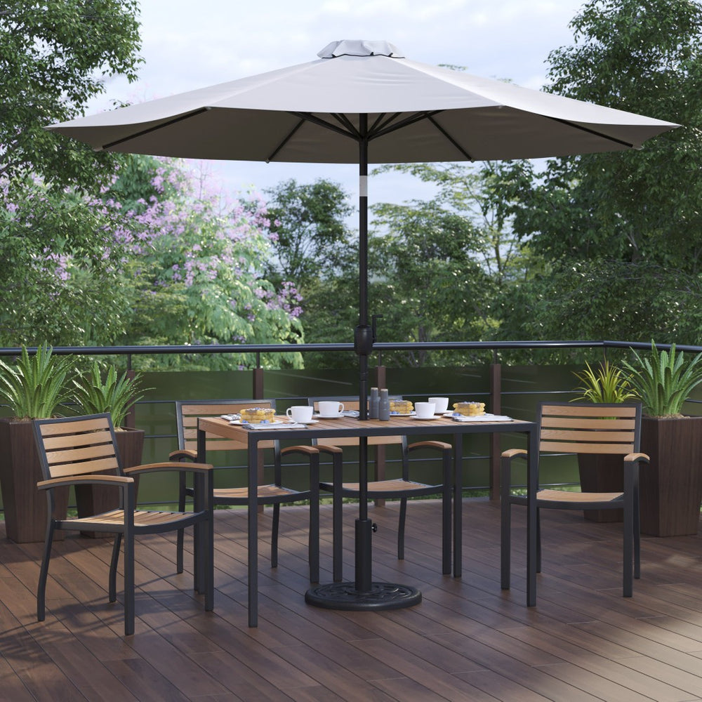 English Elm Lark 7-Piece Outdoor Dining Set with Faux Teak Table, Stackable Chairs, Umbrella & Base for Comfort Gray 30"W x 48"L XU-DG-304860064-UB19BGY-GG
