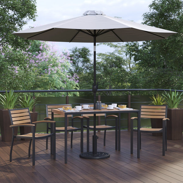 English Elm Lark 7-Piece Outdoor Dining Set with Faux Teak Table, Stackable Chairs, Umbrella & Base for Comfort Gray 30"W x 48"L XU-DG-304860064-UB19BGY-GG
