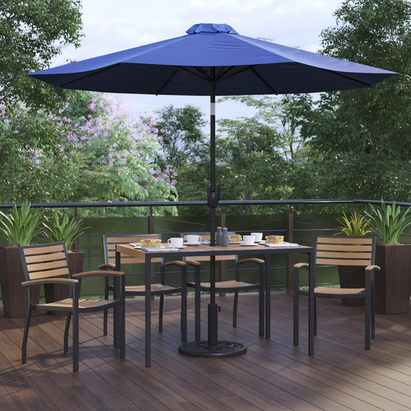 English Elm Lark 7-Piece Outdoor Dining Set with Faux Teak Table, Stackable Chairs, Umbrella & Base for Comfort Navy 30"W x 48"L XU-DG-304860064-UB19BNV-GG
