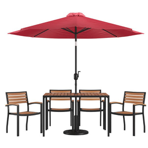 English Elm Lark 7-Piece Outdoor Dining Set with Faux Teak Table, Stackable Chairs, Umbrella & Base for Comfort Red 30"W x 48"L XU-DG-304860064-UB19BRD-GG