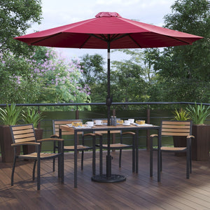 English Elm Lark 7-Piece Outdoor Dining Set with Faux Teak Table, Stackable Chairs, Umbrella & Base for Comfort Red 30"W x 48"L XU-DG-304860064-UB19BRD-GG