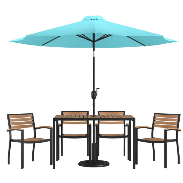 English Elm Lark 7-Piece Outdoor Dining Set with Faux Teak Table, Stackable Chairs, Umbrella & Base for Comfort Teal 30"W x 48"L XU-DG-304860064-UB19BTL-GG