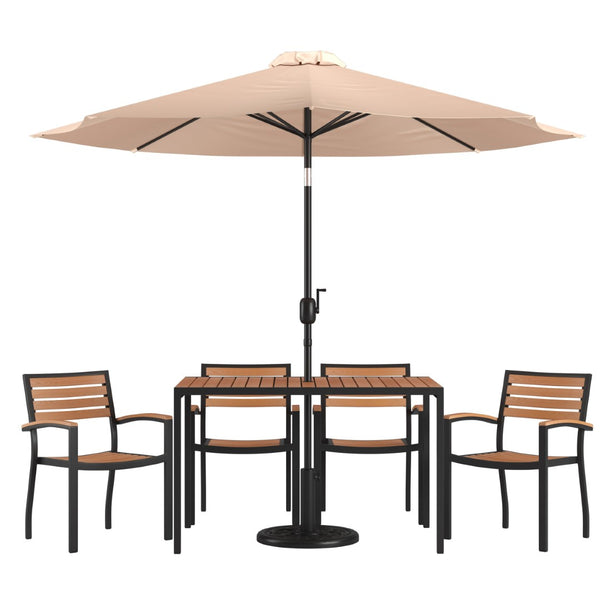 English Elm Lark 7-Piece Outdoor Dining Set with Faux Teak Table, Stackable Chairs, Umbrella & Base for Comfort Tan 30"W x 48"L XU-DG-304860064-UB19BTN-GG