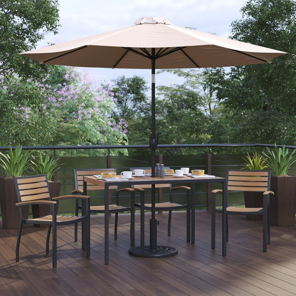 English Elm Lark 7-Piece Outdoor Dining Set with Faux Teak Table, Stackable Chairs, Umbrella & Base for Comfort Tan 30"W x 48"L XU-DG-304860064-UB19BTN-GG