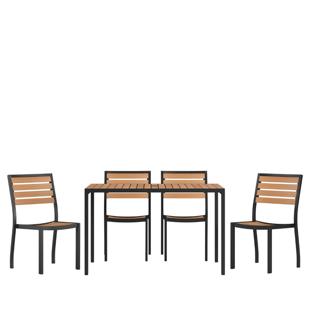 English Elm Lark 5-Piece Patio Table Set - Stylish Faux Teak with Stackable Chairs & Easy Umbrella Accessory XU-DG-304860364-GG