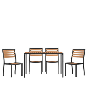 English Elm Lark 5-Piece Patio Table Set - Stylish Faux Teak with Stackable Chairs & Easy Umbrella Accessory XU-DG-304860364-GG